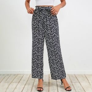 Ditsy Floral Belted Paperbag Wide Leg Pants